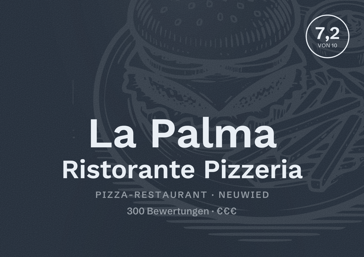 Illustriertes Poster von La Palma Ristorante Pizzeria, Pizza-Restaurant in Neuwied: Bewertung 7,2 von 10 aus 300 Bewertungen, Preisniveau €€€