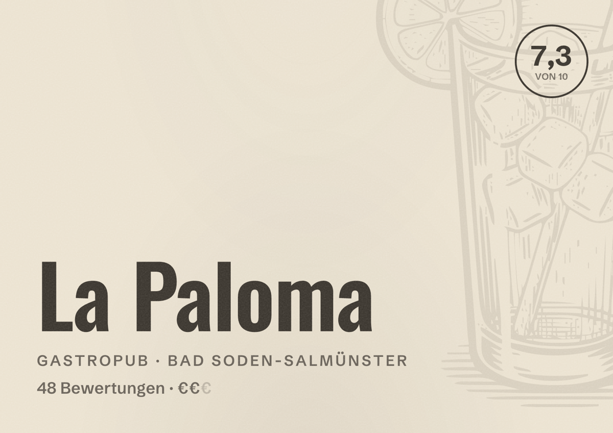 Illustriertes Poster von La Paloma, Gastropub in Bad Soden-Salmünster: Bewertung 7,3 von 10 aus 48 Bewertungen, Preisniveau €€