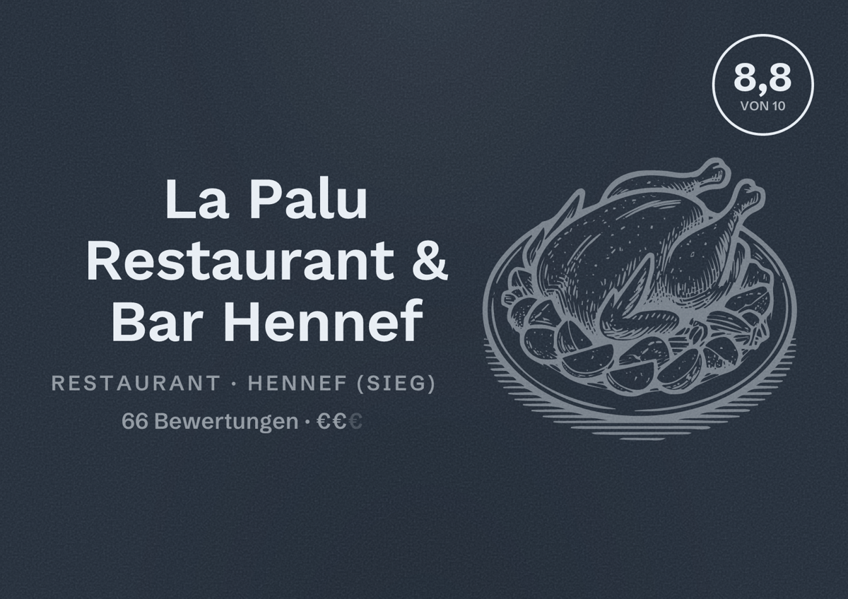 Illustriertes Poster von La Palu Restaurant & Bar Hennef, Restaurant in Hennef (Sieg): Bewertung 8,8 von 10 aus 66 Bewertungen, Preisniveau €€