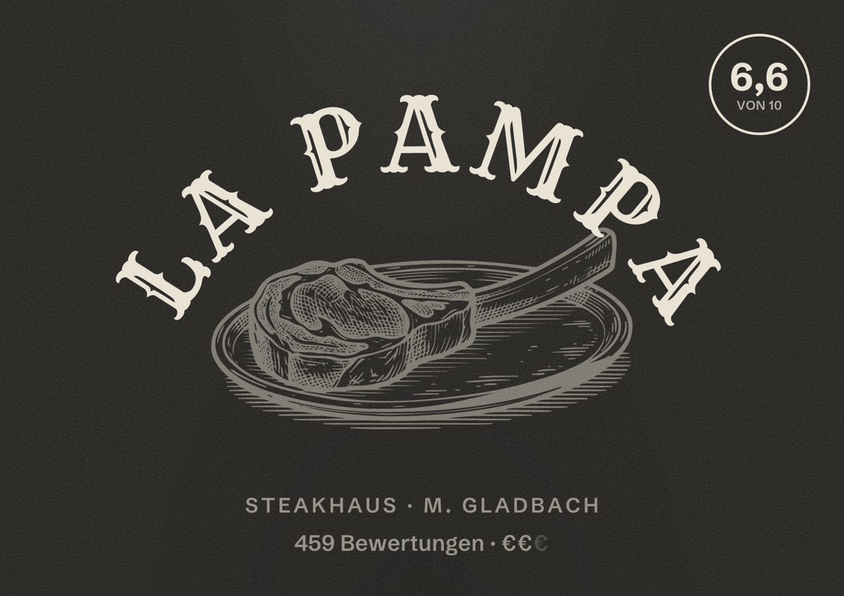Illustriertes Poster von La Pampa, Steakhaus in M. Gladbach: Bewertung 6,6 von 10 aus 459 Bewertungen, Preisniveau €€