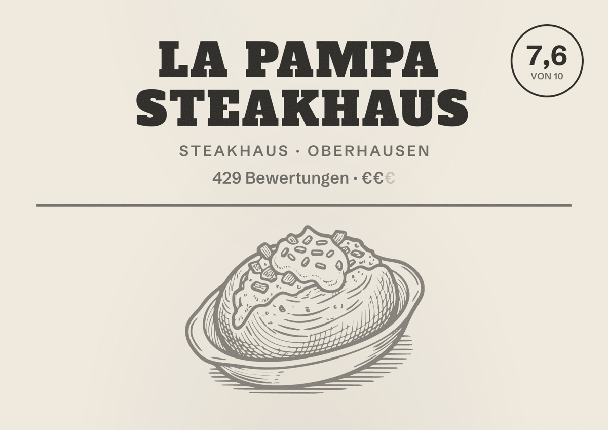 Illustriertes Poster von La Pampa Steakhaus, Steakhaus in Oberhausen: Gästebewertung 7,6 von 10 aus 429 Bewertungen