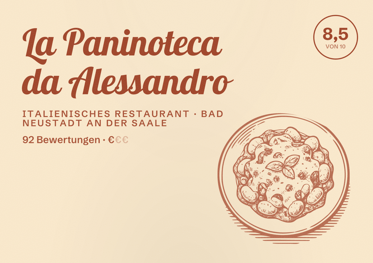 Illustriertes Poster von La Paninoteca da Alessandro, Italienisches Restaurant in Bad Neustadt an der Saale: Bewertung 8,5 von 10 aus 92 Bewertungen, Preisniveau €