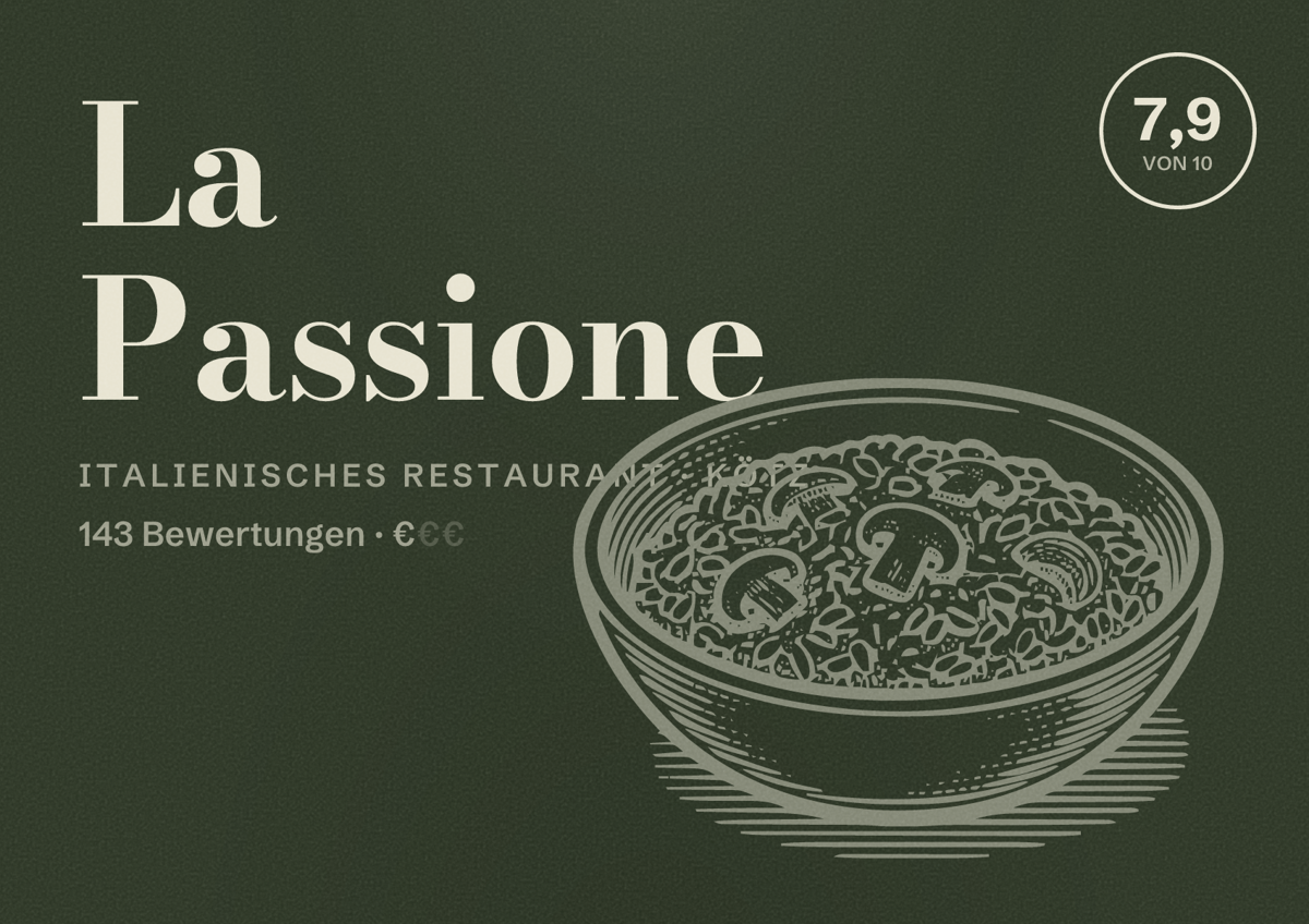 Illustriertes Poster von La Passione, Italienisches Restaurant in Kötz: Bewertung 7,9 von 10 aus 143 Bewertungen, Preisniveau €