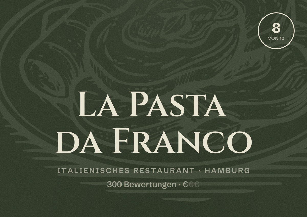 Illustriertes Poster von La Pasta da Franco, Italienisches Restaurant in Hamburg: Bewertung 8,0 von 10 aus 300 Bewertungen, Preisniveau €