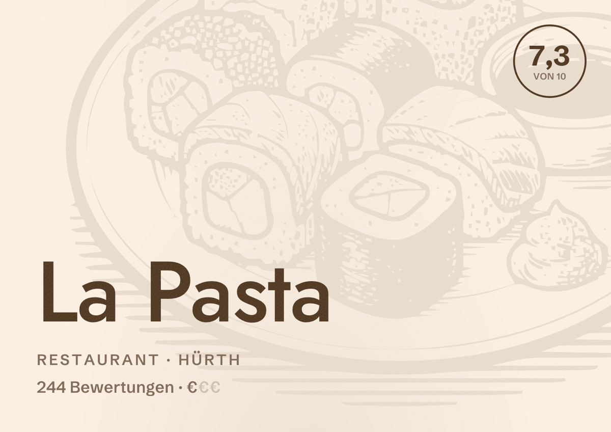 Illustriertes Poster von La Pasta, Restaurant in Hürth: Bewertung 7,3 von 10 aus 244 Bewertungen, Preisniveau €
