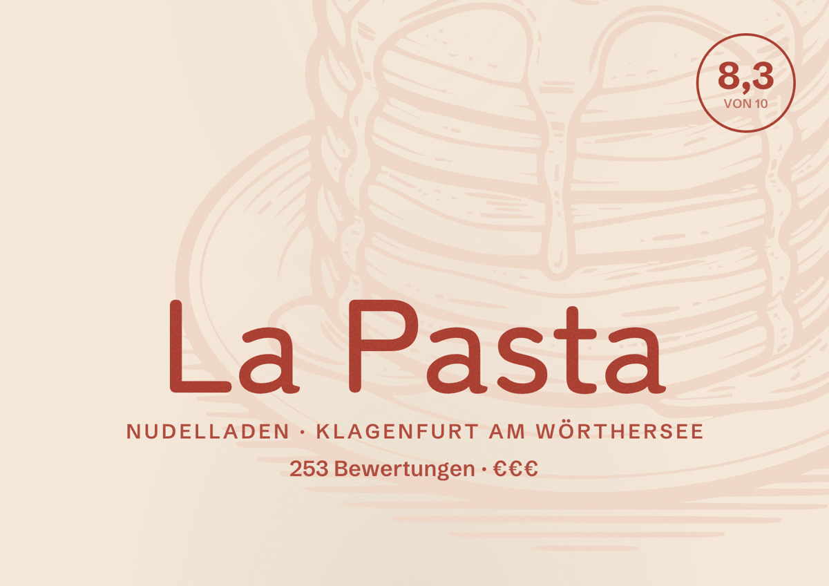 Illustriertes Poster von La Pasta, Nudelladen in Klagenfurt am Wörthersee: Bewertung 8,3 von 10 aus 253 Bewertungen, Preisniveau €€€