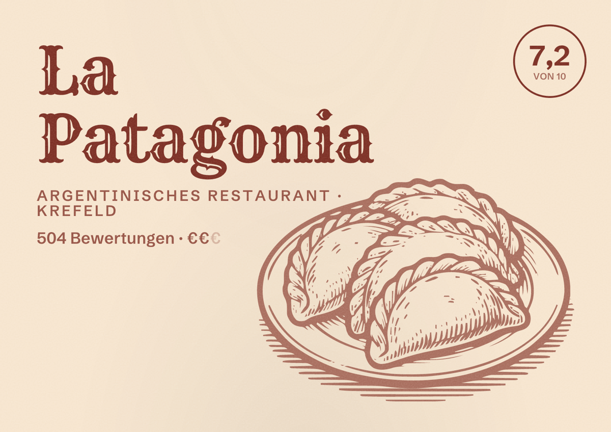 Illustriertes Poster von La Patagonia, Argentinisches Restaurant in Krefeld: Bewertung 7,2 von 10 aus 504 Bewertungen, Preisniveau €€