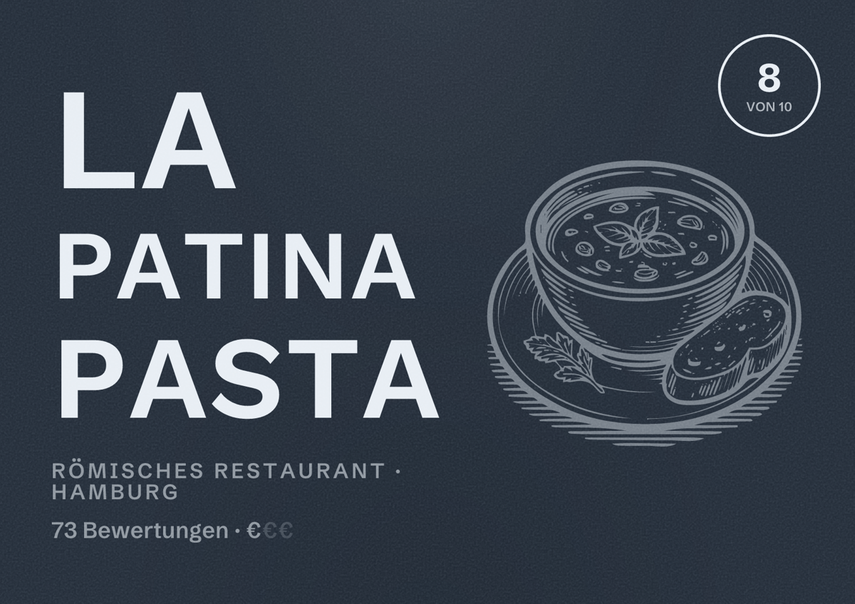 Illustriertes Poster von La Patina Pasta, Römisches Restaurant in Hamburg: Bewertung 8,0 von 10 aus 73 Bewertungen, Preisniveau €