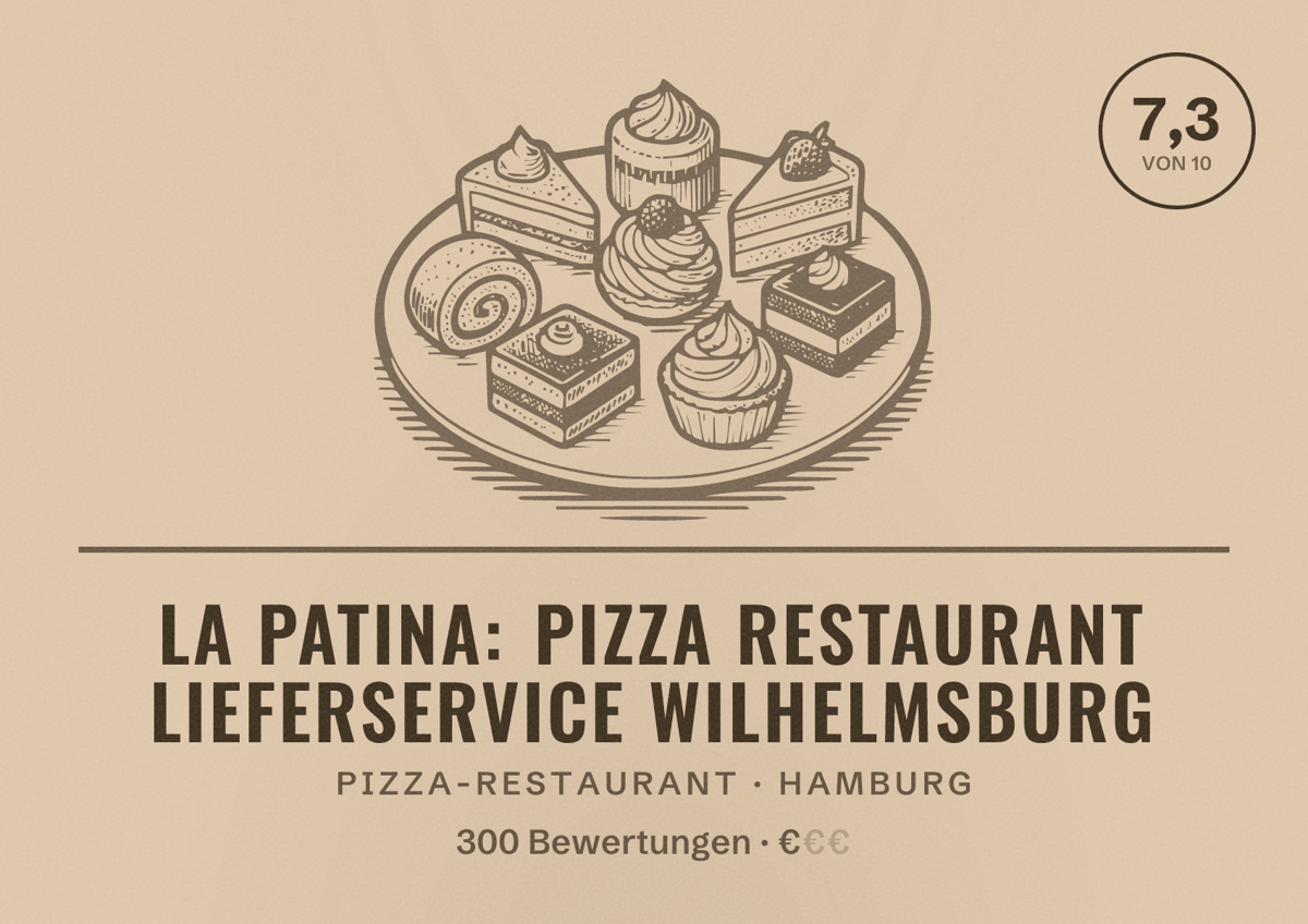 Illustriertes Poster von La Patina: Pizza Restaurant Lieferservice Wilhelmsburg, Pizza-Restaurant in Hamburg: Bewertung 7,3 von 10 aus 300 Bewertungen, Preisniveau €