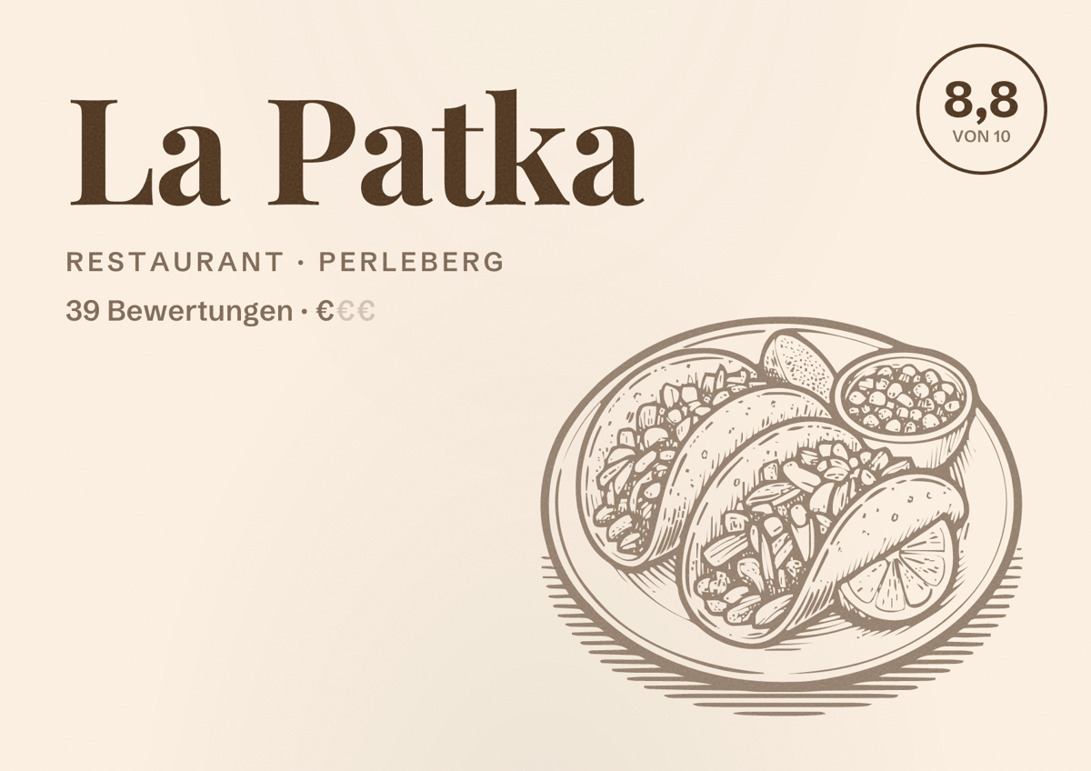 Illustriertes Poster von La Patka, Restaurant in Perleberg: Bewertung 8,8 von 10 aus 39 Bewertungen, Preisniveau €