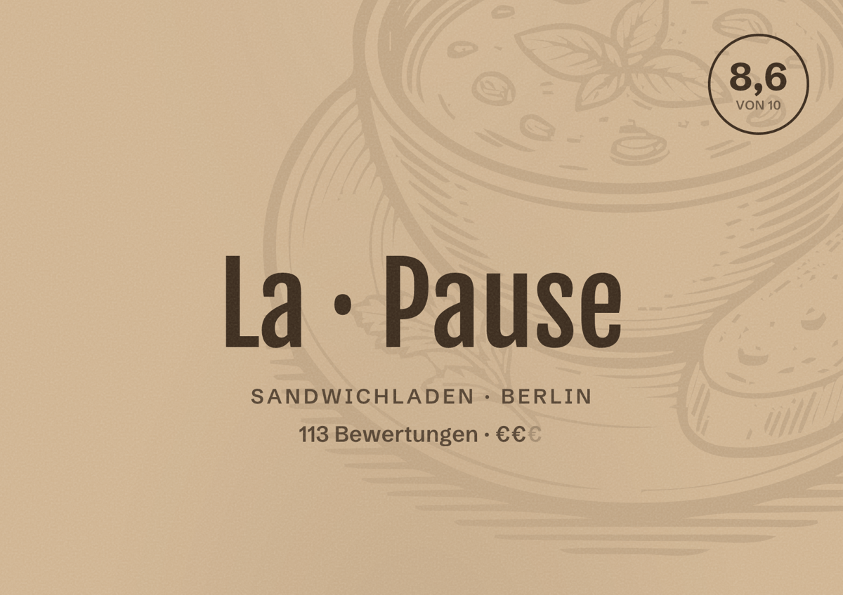 Illustriertes Poster von La Pause, Sandwichladen in Berlin: Bewertung 8,6 von 10 aus 113 Bewertungen, Preisniveau €€