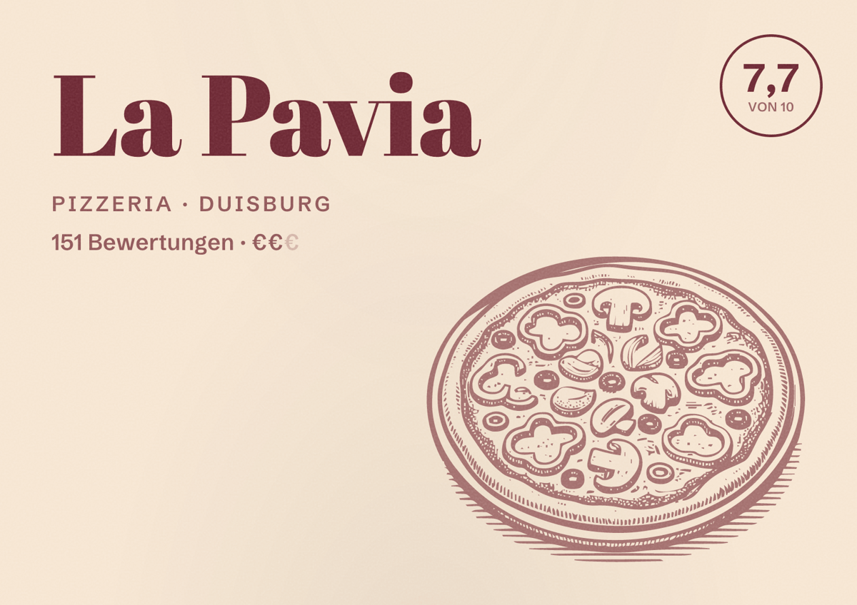 Illustriertes Poster von La Pavia, Pizzeria in Duisburg: Bewertung 7,7 von 10 aus 151 Bewertungen, Preisniveau €€