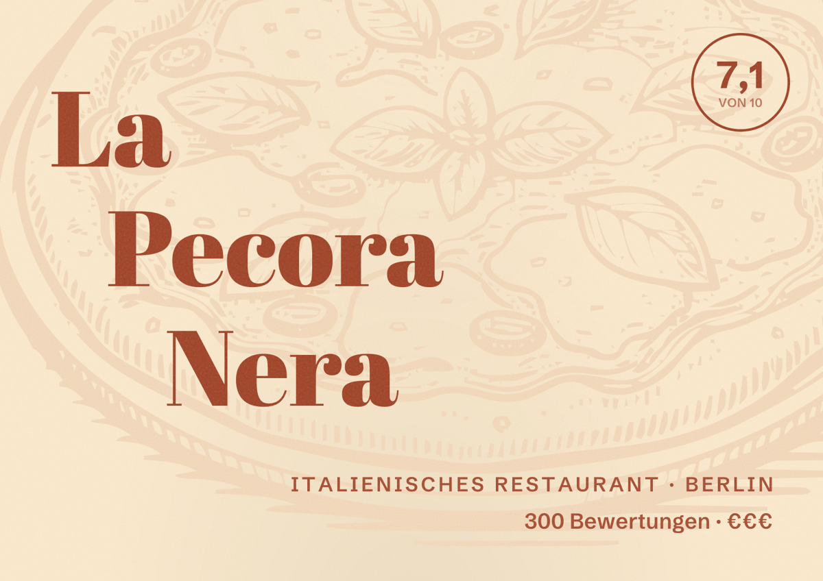 Illustriertes Poster von La Pecora Nera, Italienisches Restaurant in Berlin: Bewertung 7,1 von 10 aus 300 Bewertungen, Preisniveau €€€