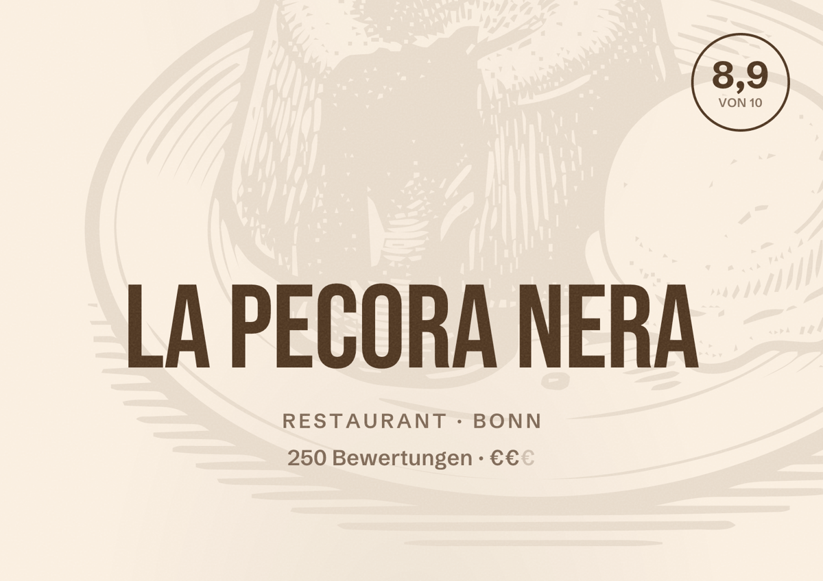Illustriertes Poster von La Pecora Nera, Restaurant in Bonn: Bewertung 8,9 von 10 aus 250 Bewertungen, Preisniveau €€