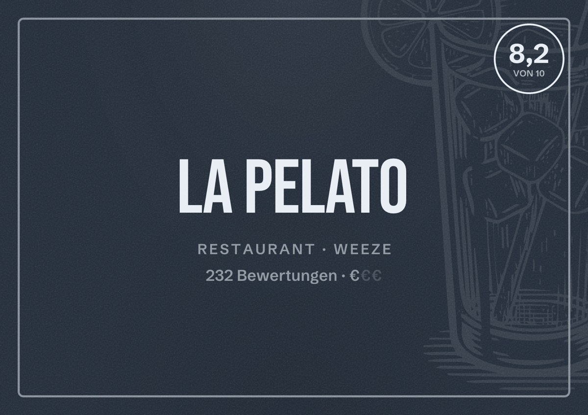 Illustriertes Poster von La Pelato, Restaurant in Weeze: Bewertung 8,2 von 10 aus 232 Bewertungen, Preisniveau €