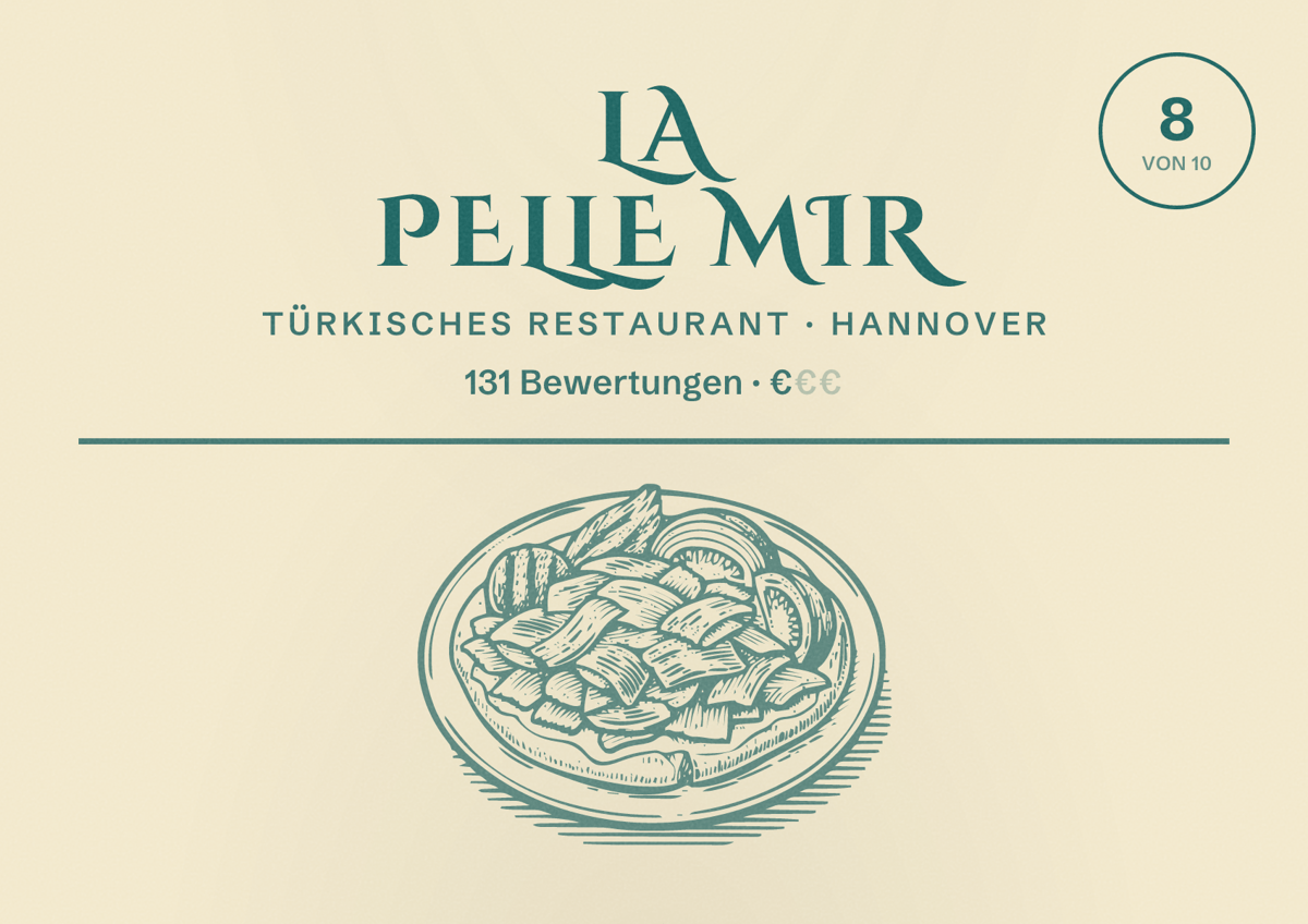 Illustriertes Poster von La Pelle Mir, Türkisches Restaurant in Hannover: Bewertung 8 von 10 aus 131 Bewertungen, Preisniveau €