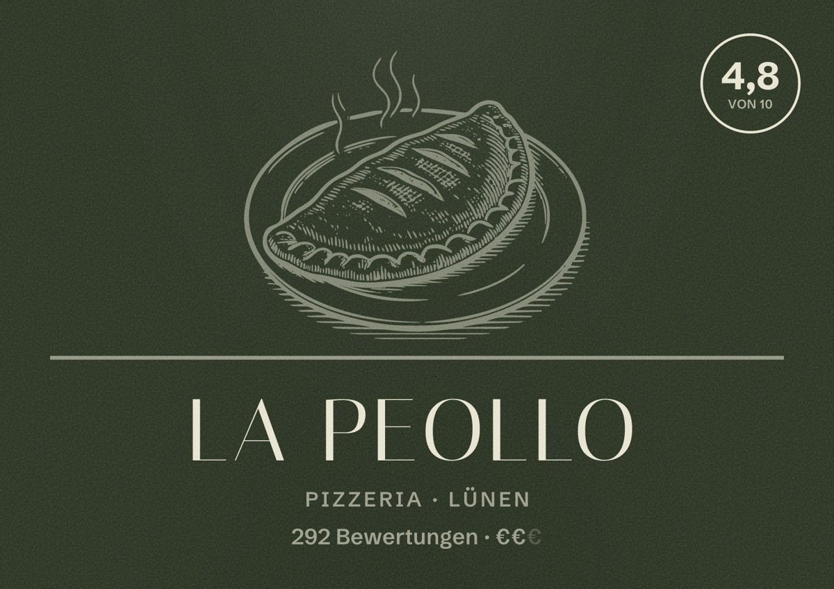 Illustriertes Poster von La Peollo, Pizzeria in Lünen: Bewertung 4,8 von 10 aus 292 Bewertungen, Preisniveau €€