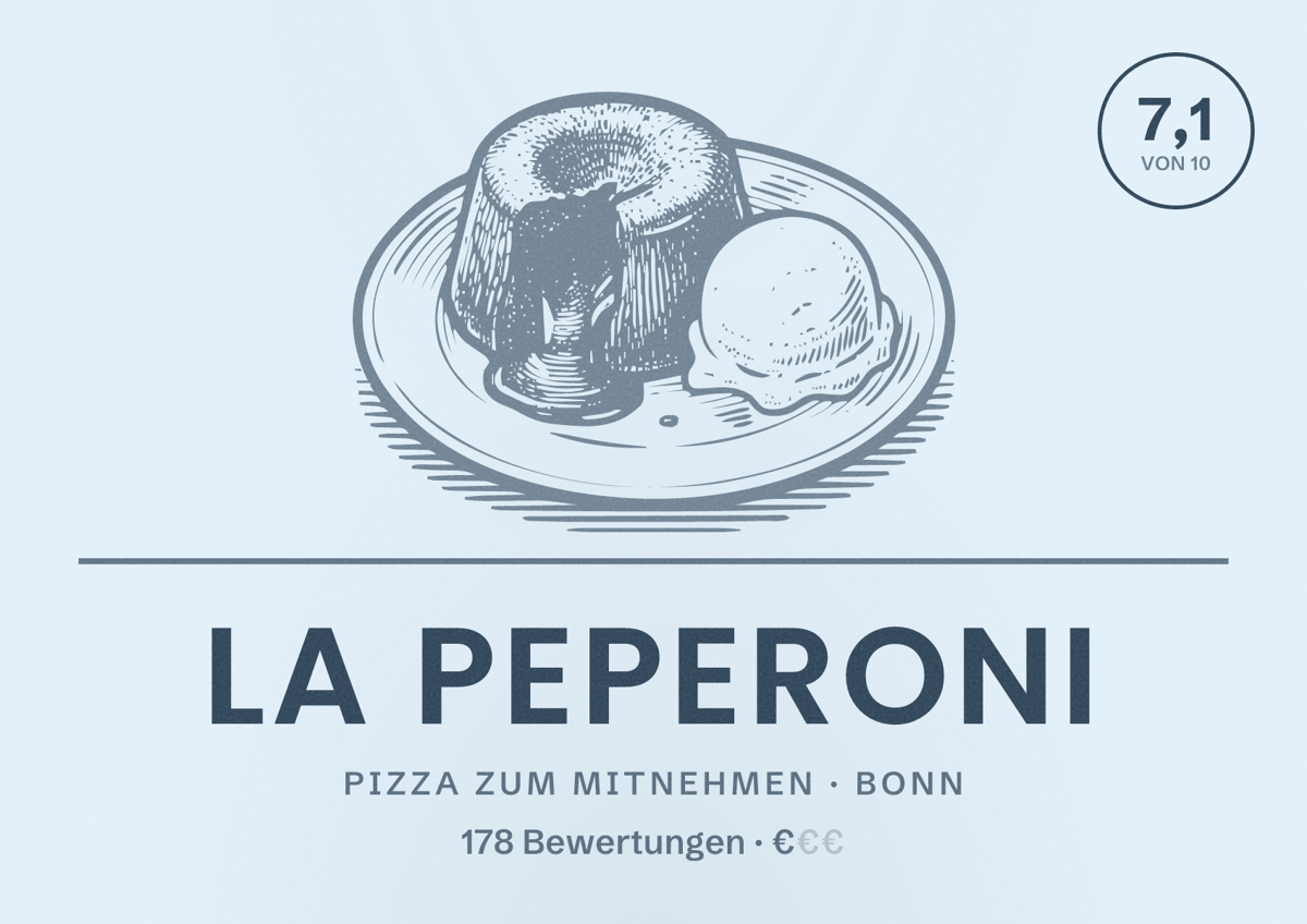Illustriertes Poster von La Peperoni, Pizza zum Mitnehmen in Bonn: Bewertung 7,1 von 10 aus 178 Bewertungen, Preisniveau €