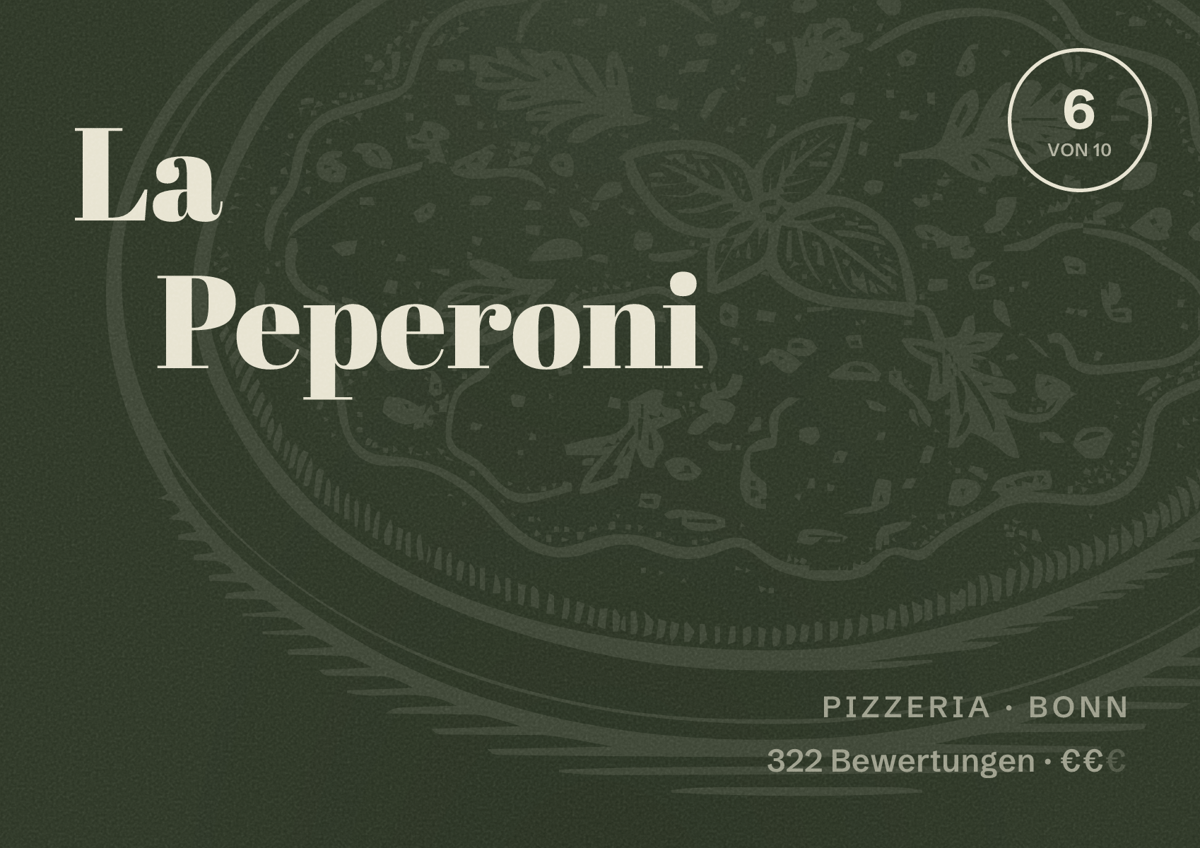 Illustriertes Poster von La Peperoni, Pizzeria in Bonn: Bewertung 6 von 10 aus 322 Bewertungen, Preisniveau €€