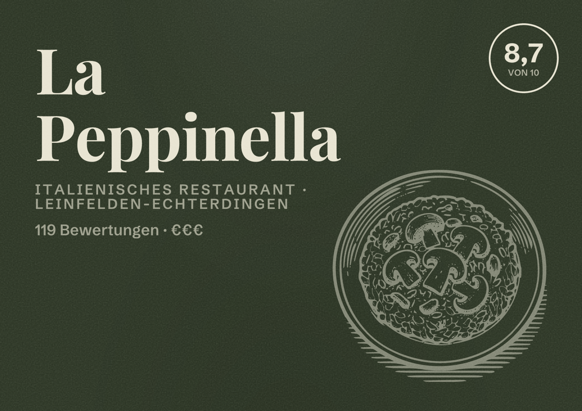 Illustriertes Poster von La Peppinella, Italienisches Restaurant in Leinfelden-Echterdingen: Bewertung 8,7 von 10 aus 119 Bewertungen, Preisniveau €€€
