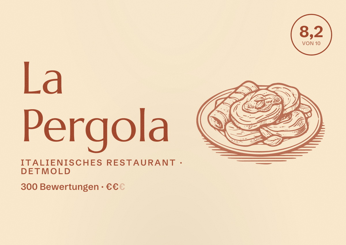 Illustriertes Poster von La Pergola, Italienisches Restaurant in Detmold: Bewertung 8,2 von 10 aus 300 Bewertungen, Preisniveau €€