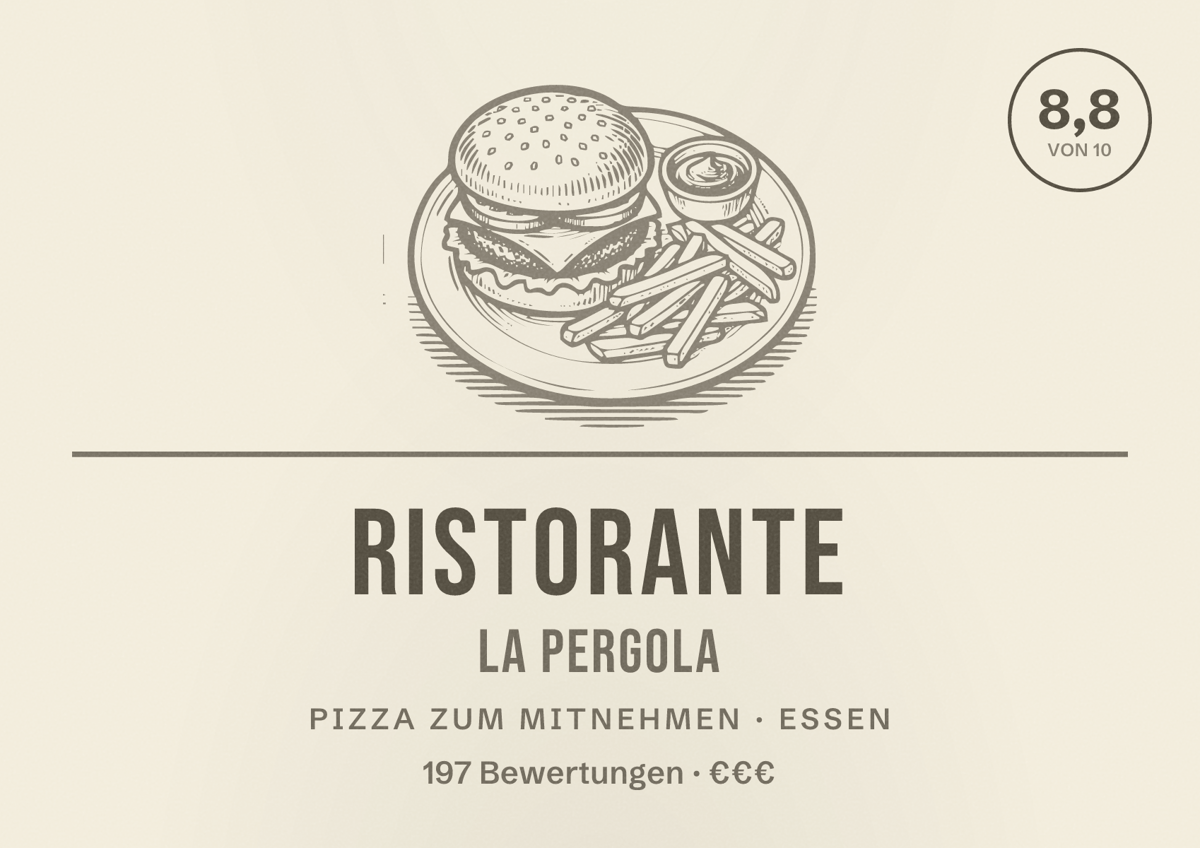 Illustriertes Poster von Ristorante La Pergola, Pizza zum Mitnehmen in Essen: Bewertung 8,8 von 10 aus 197 Bewertungen, Preisniveau €€€