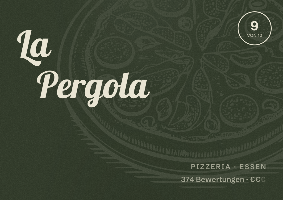 Illustriertes Poster von La Pergola, Pizzeria in Essen: Bewertung 9 von 10 aus 374 Bewertungen, Preisniveau €€