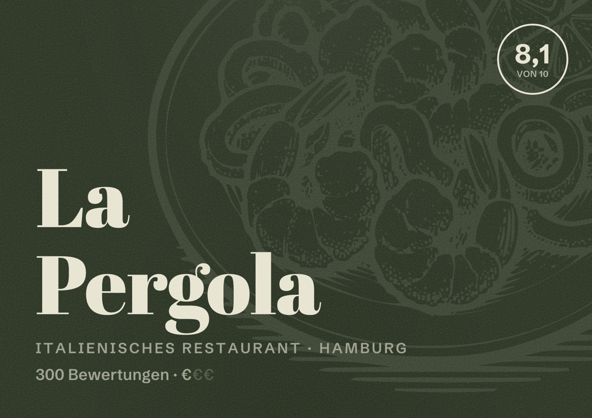 Illustriertes Poster von La Pergola, Italienisches Restaurant in Hamburg: Bewertung 8,1 von 10 aus 300 Bewertungen, Preisniveau €