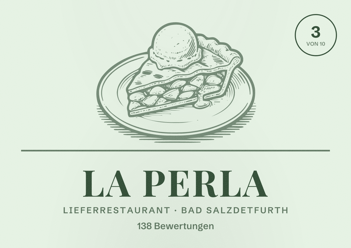 Illustriertes Poster von La Perla, Lieferrestaurant in Bad Salzdetfurth: Bewertung 3 von 10 aus 138 Bewertungen