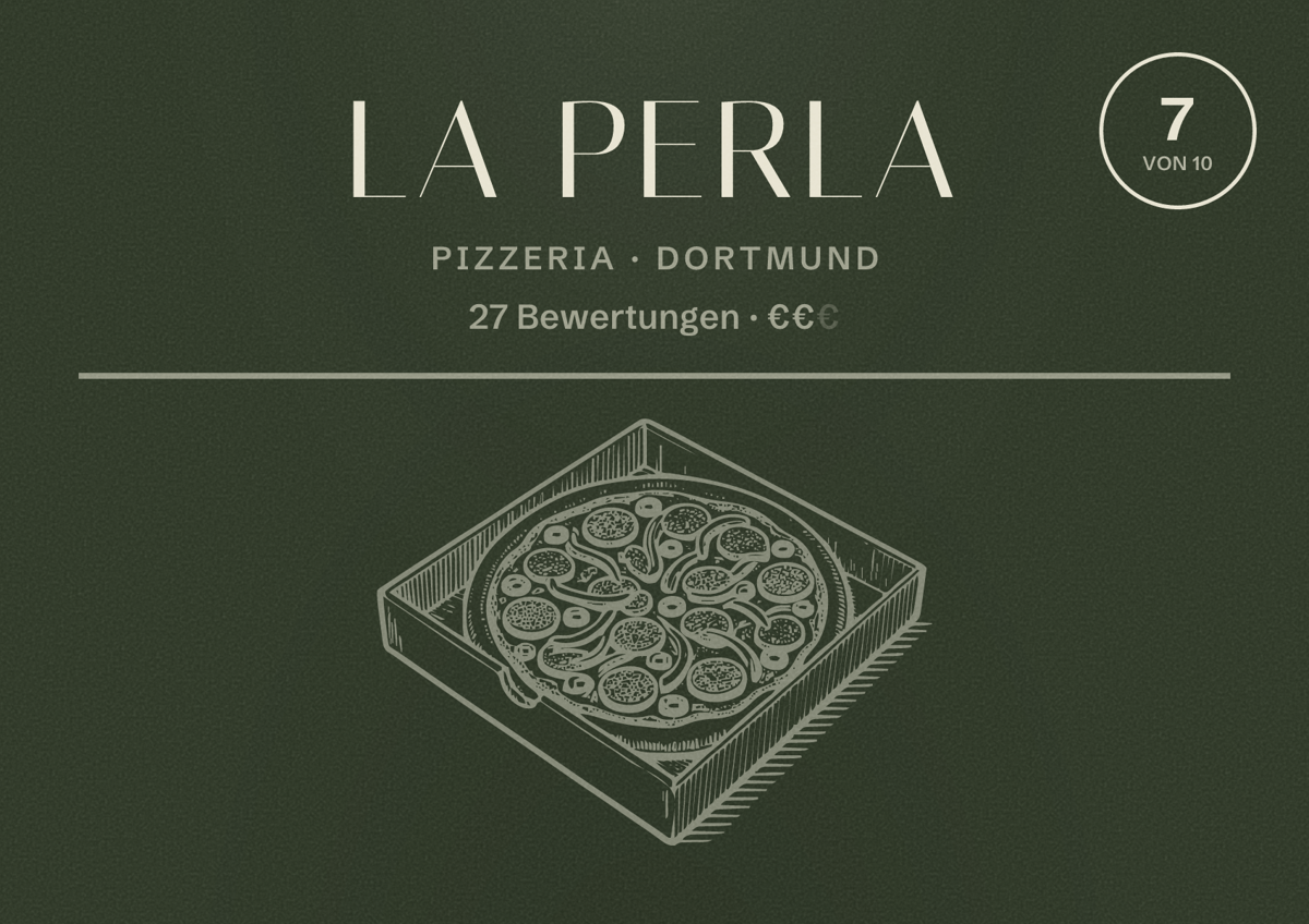 Illustriertes Poster von la Perla, Pizzeria in Dortmund: Gästebewertung 7 von 10 aus 27 Bewertungen