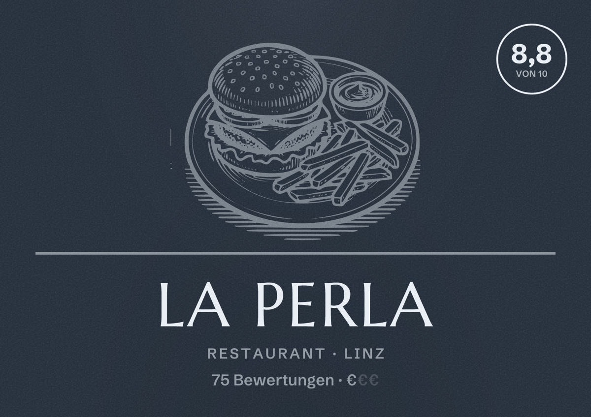 Illustriertes Poster von La Perla, Restaurant in Linz: Bewertung 8,8 von 10 aus 75 Bewertungen, Preisniveau €
