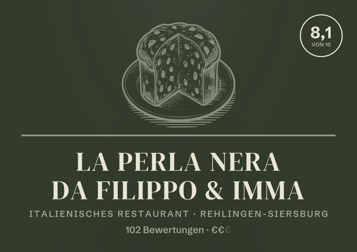 Illustriertes Poster von La Perla Nera da Filippo & Imma, Italienisches Restaurant in Rehlingen-Siersburg: Bewertung 8,1 von 10 aus 102 Bewertungen, Preisniveau €€