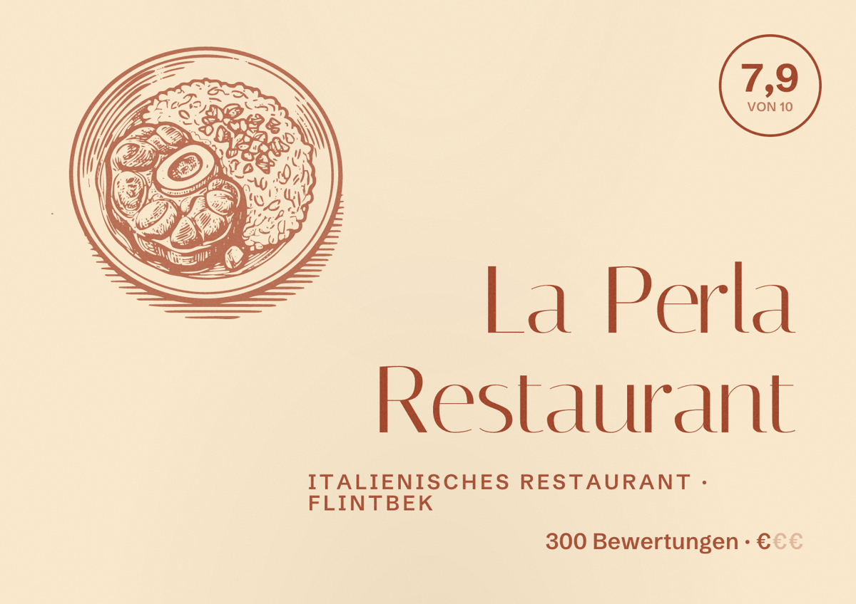 Illustriertes Poster von La Perla Restaurant, Italienisches Restaurant in Flintbek: Bewertung 7,9 von 10 aus 300 Bewertungen, Preisniveau €