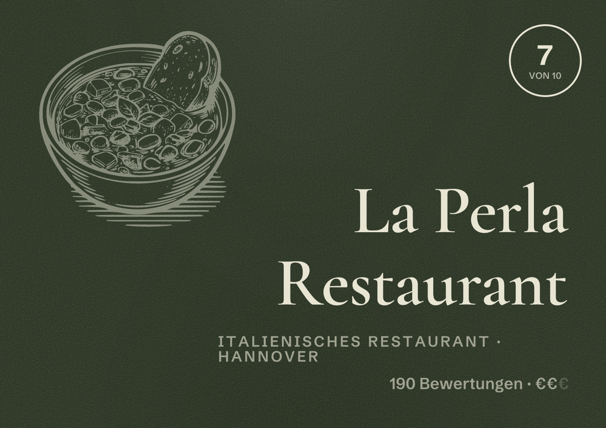 Illustriertes Poster von La Perla Restaurant, Italienisches Restaurant in Hannover: Bewertung 7 von 10 aus 190 Bewertungen, Preisniveau €€