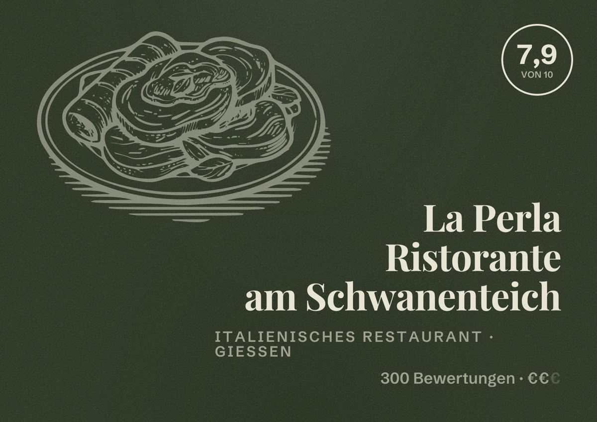Illustriertes Poster von La Perla Ristorante am Schwanenteich, Italienisches Restaurant in Gießen: Bewertung 7,9 von 10 aus 300 Bewertungen, Preisniveau €€