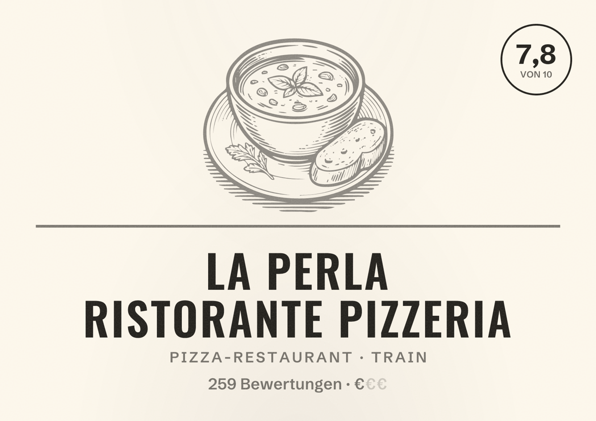 Illustriertes Poster von La Perla Ristorante Pizzeria, Pizza-Restaurant in Train: Bewertung 7,8 von 10 aus 259 Bewertungen, Preisniveau €