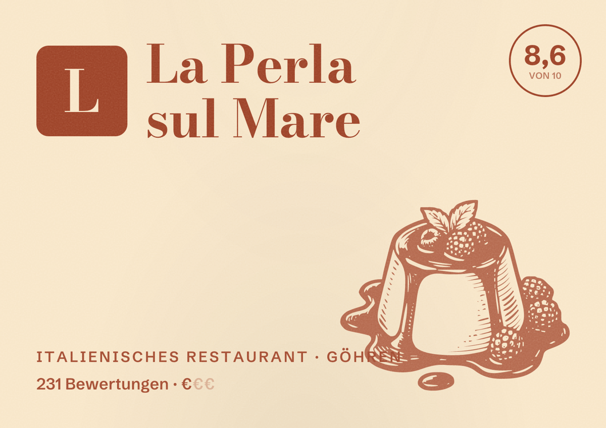Illustriertes Poster von La Perla sul Mare, Italienisches Restaurant in Göhren: Bewertung 8,6 von 10 aus 231 Bewertungen, Preisniveau €