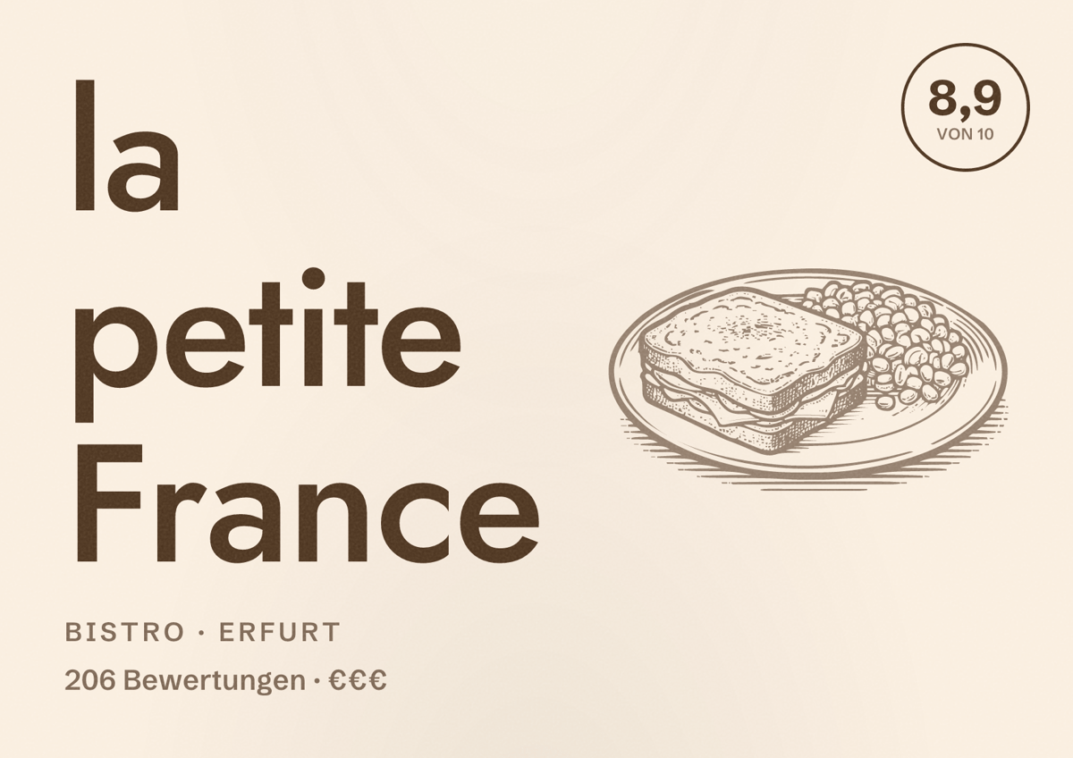 Illustriertes Poster von la petite France, Bistro in Erfurt: Bewertung 8,9 von 10 aus 206 Bewertungen, Preisniveau €€€