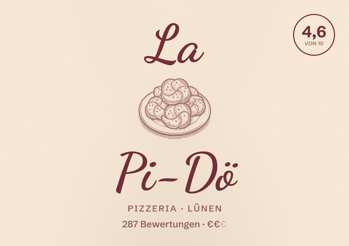 Illustriertes Poster von La Pi-Dö, Pizzeria in Lünen: Bewertung 4,6 von 10 aus 287 Bewertungen, Preisniveau €€