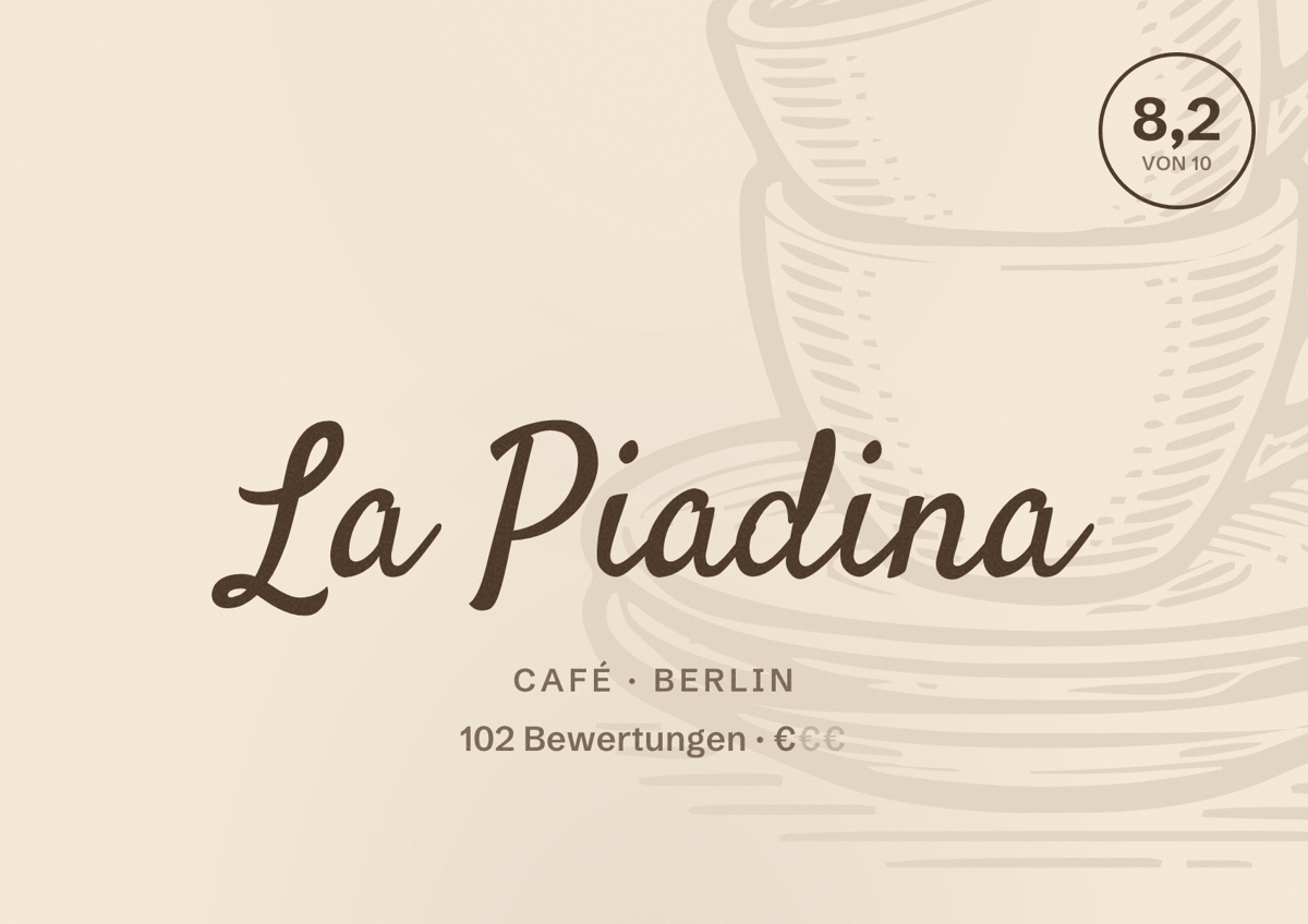 Illustriertes Poster von La Piadina, Café in Berlin: Bewertung 8,2 von 10 aus 102 Bewertungen, Preisniveau €