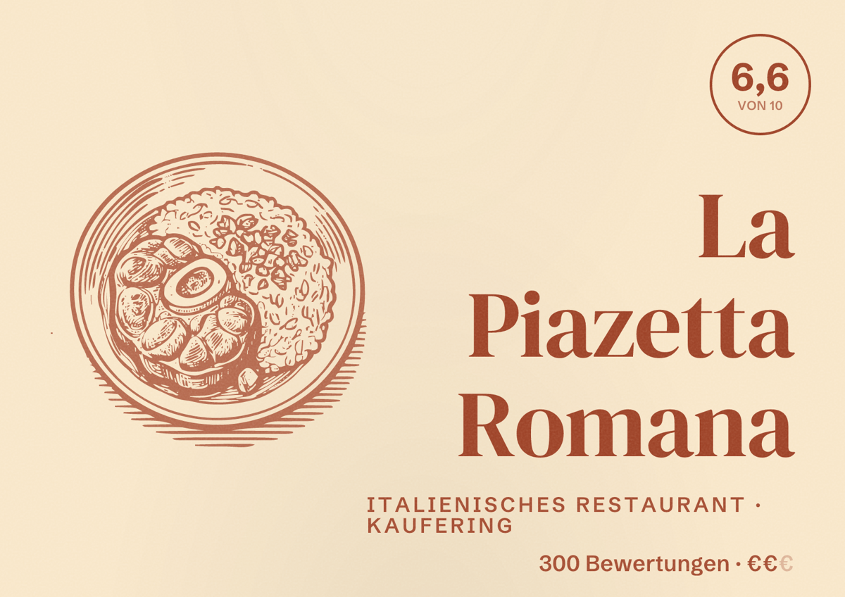 Illustriertes Poster von La Piazetta Romana, Italienisches Restaurant in Kaufering: Bewertung 6,6 von 10 aus 300 Bewertungen, Preisniveau €€