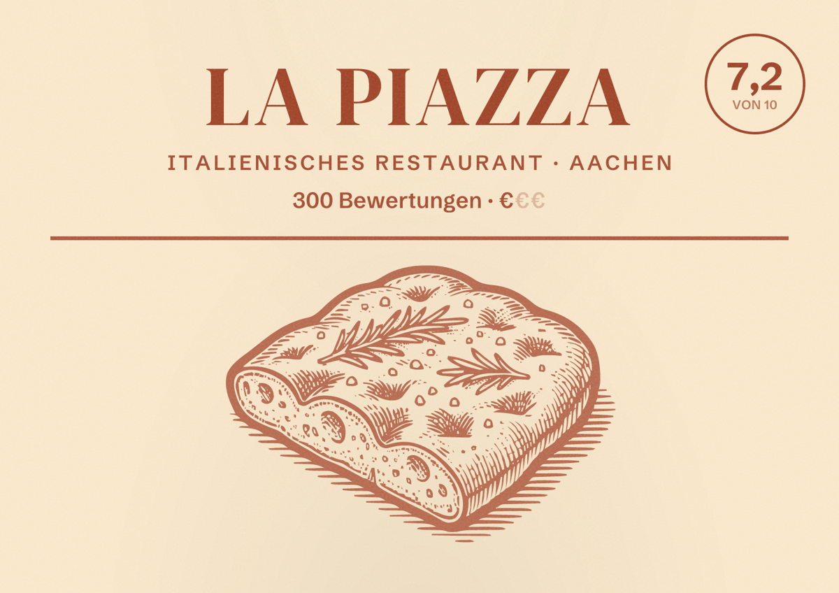 Illustriertes Poster von La Piazza, Italienisches Restaurant in Aachen: Bewertung 7,2 von 10 aus 300 Bewertungen, Preisniveau €