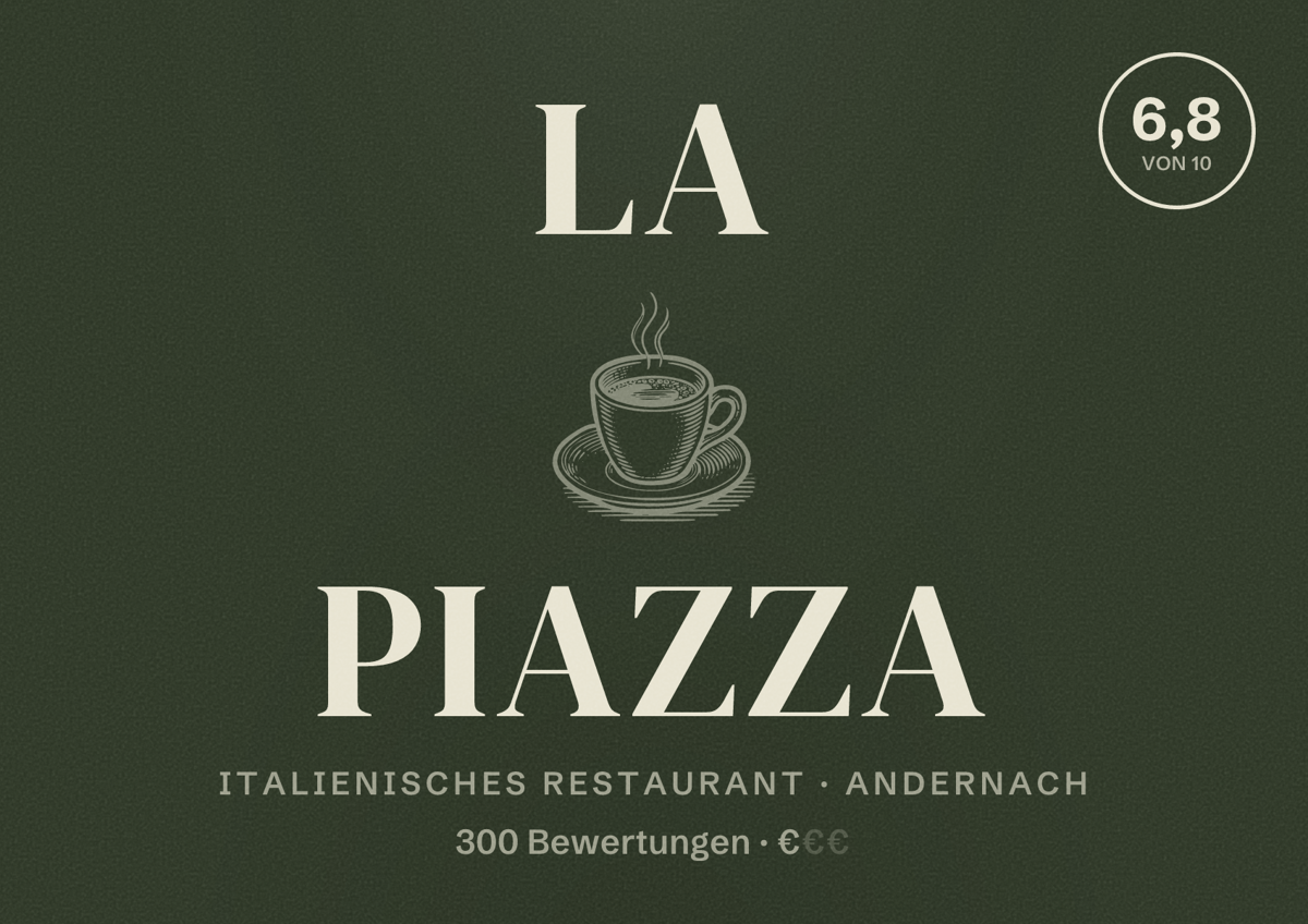 Illustriertes Poster von La Piazza, Italienisches Restaurant in Andernach: Bewertung 6,8 von 10 aus 300 Bewertungen, Preisniveau €