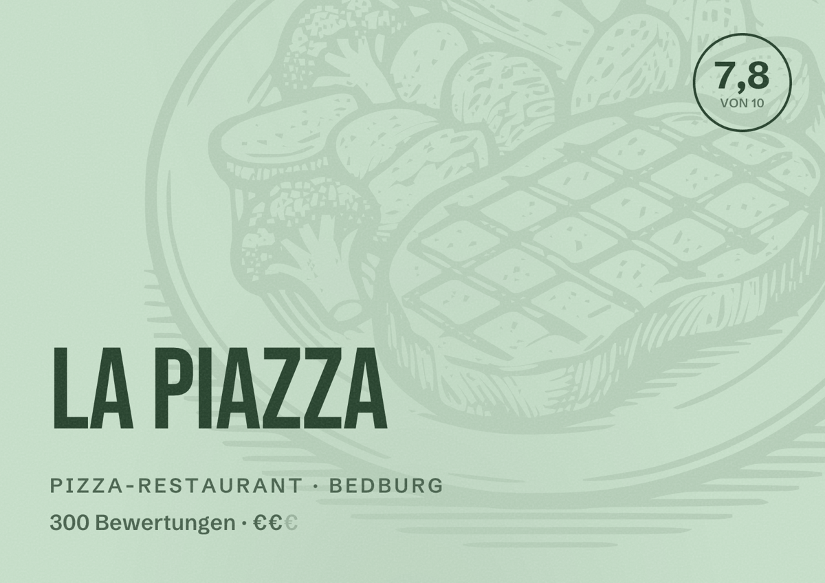 Illustriertes Poster von La Piazza, Pizza-Restaurant in Bedburg: Bewertung 7,8 von 10 aus 300 Bewertungen, Preisniveau €€