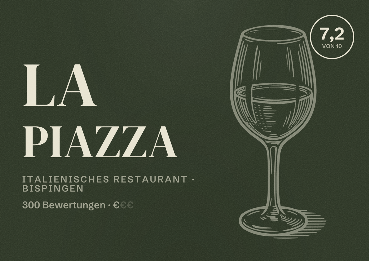 Illustriertes Poster von La Piazza, Italienisches Restaurant in Bispingen: Bewertung 7,2 von 10 aus 300 Bewertungen, Preisniveau €