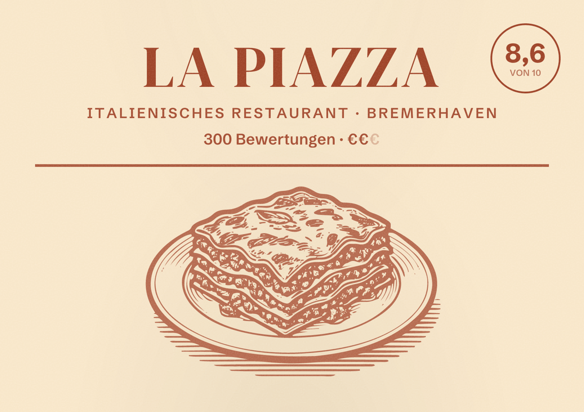 Illustriertes Poster von La Piazza, Italienisches Restaurant in Bremerhaven: Bewertung 8,6 von 10 aus 300 Bewertungen, Preisniveau €€
