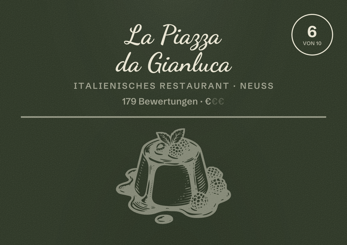 Illustriertes Poster von La Piazza da Gianluca, Italienisches Restaurant in Neuss: Bewertung 6 von 10 aus 179 Bewertungen, Preisniveau €