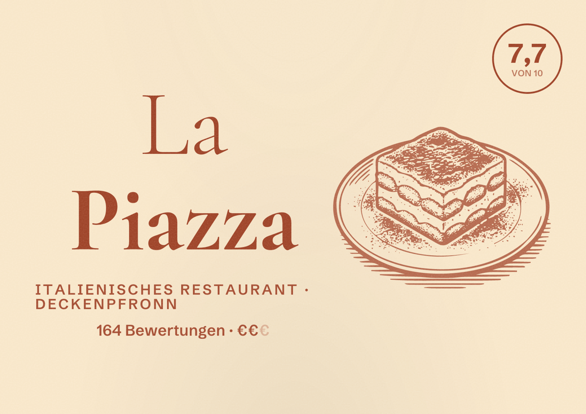 Illustriertes Poster von La Piazza, Italienisches Restaurant in Deckenpfronn: Bewertung 7,7 von 10 aus 164 Bewertungen, Preisniveau €€