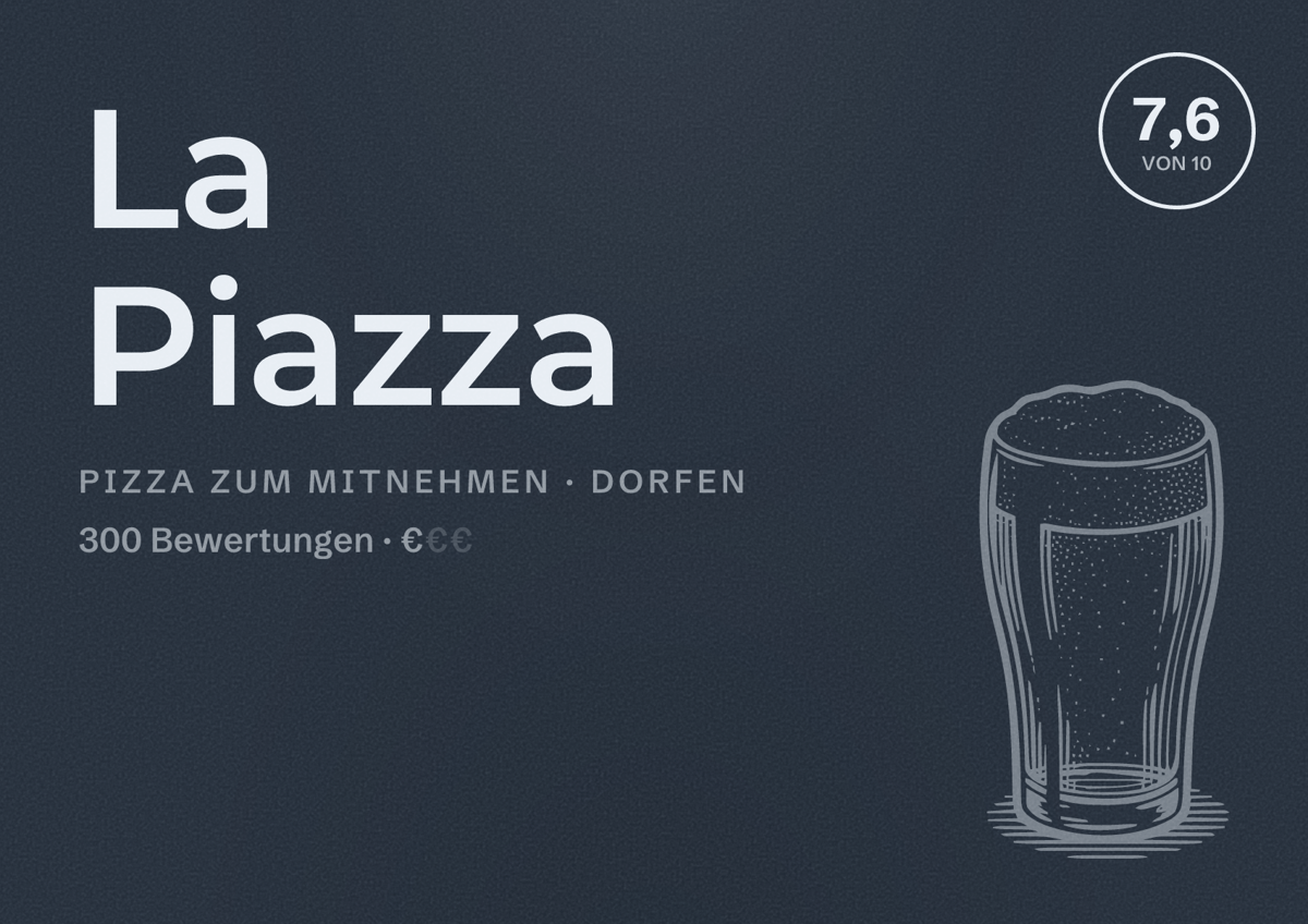 Illustriertes Poster von La Piazza, Pizza zum Mitnehmen in Dorfen: Bewertung 7,6 von 10 aus 300 Bewertungen, Preisniveau €
