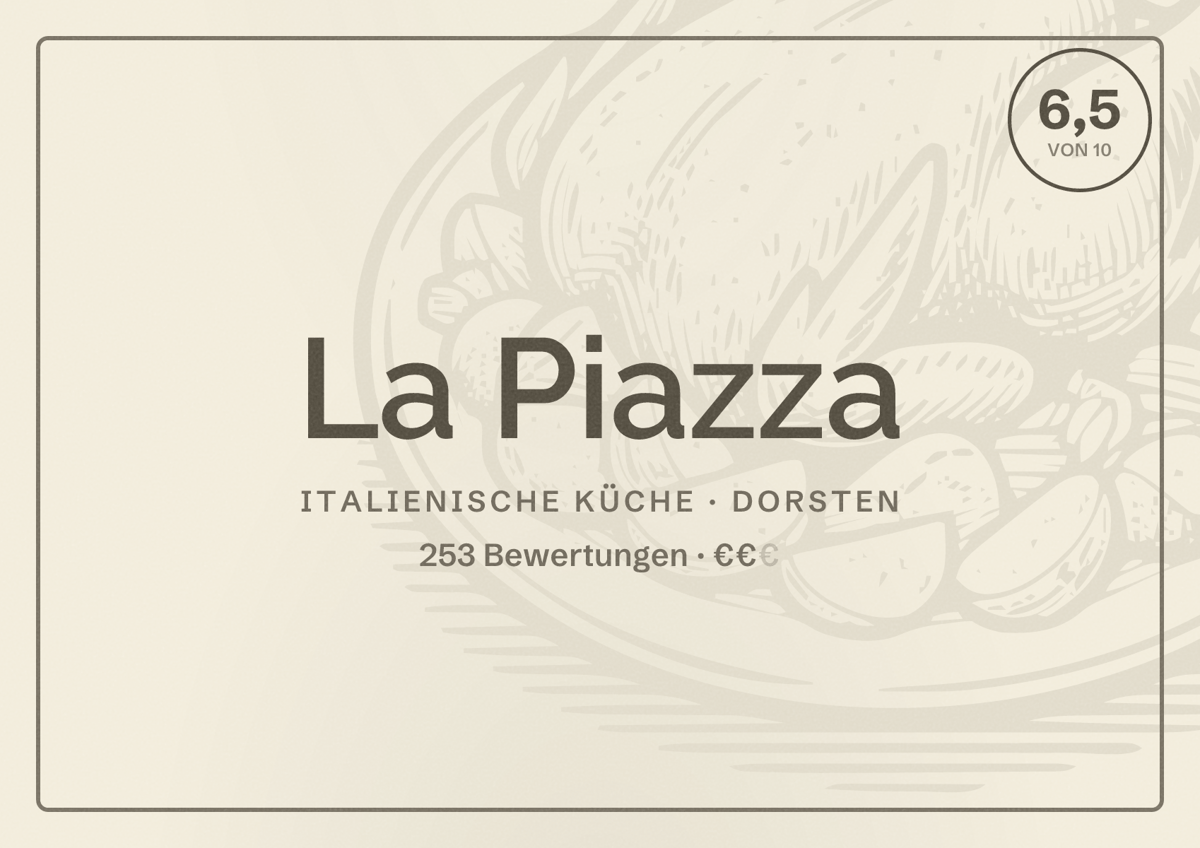 Illustriertes Poster von La Piazza, Italienische Küche in Dorsten: Bewertung 6,5 von 10 aus 253 Bewertungen, Preisniveau €€
